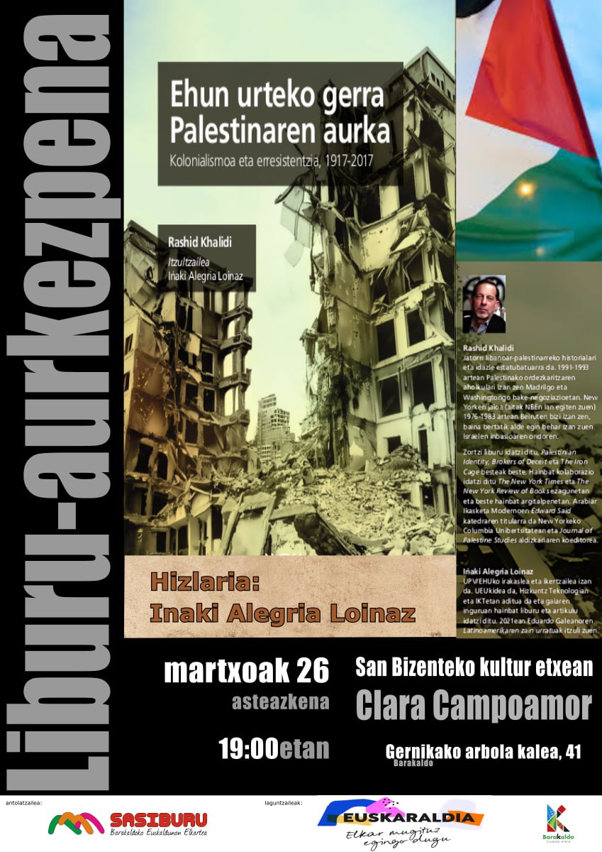 Liburu-aurkezpena Barakaldon: "Ehun urteko gerra Palestinaren aurka"